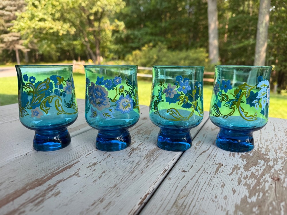 Libbey Blue Hand Painted Floral Drinking Glasses 12 Oz Mint Cond