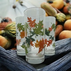 Set Of 3 MCM Vintage Water Glass Tumblers 6.25” Fall Autumn Leaves Fall Season