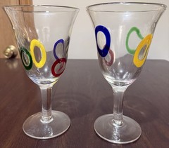 Set Of 2 Heavy Hand Blown Water Goblets Glasses W/ Rings Red Blue Yellow Green