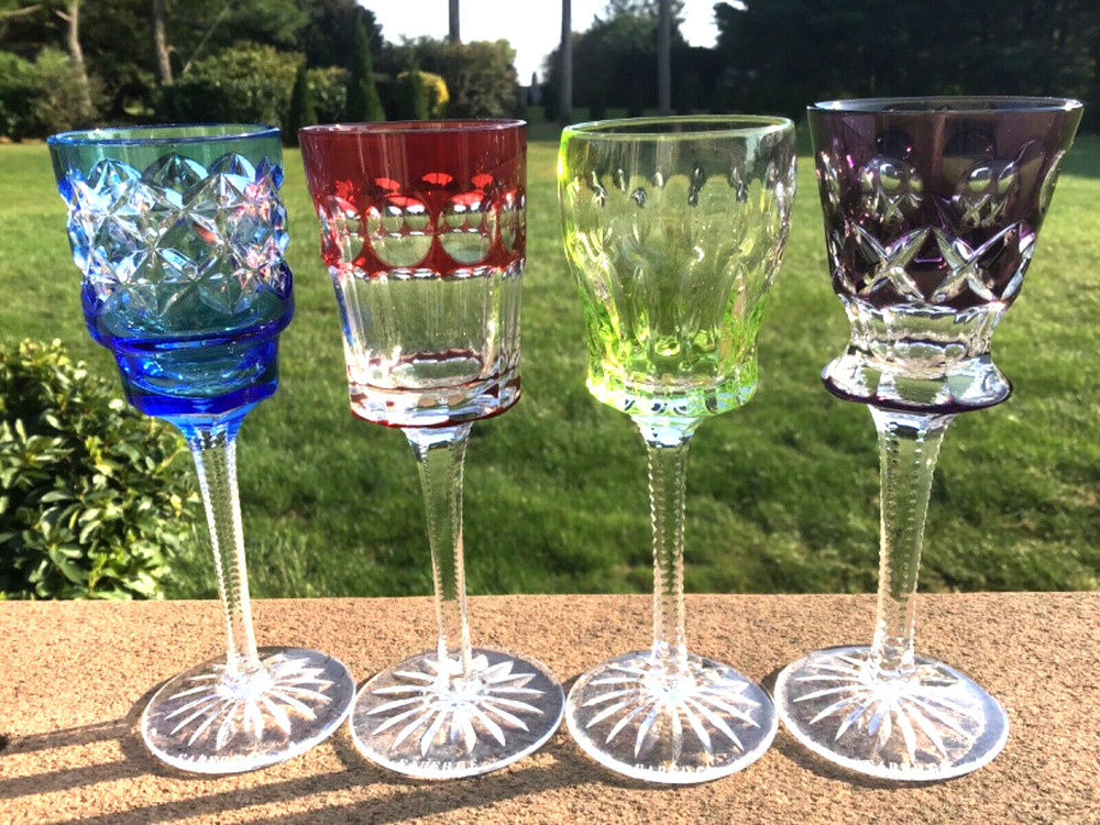Faberge Cut Glass Bohemian Glass Cordials Set for 4 Very Fine Crystal Deco