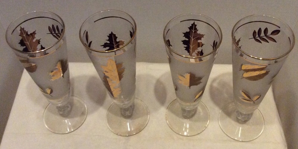 Set of 4 Libbey Frosted Glass 22 KT Gold Leaves Decorated Pilsner Beer Glasses