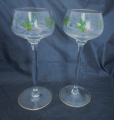 2 Long Stem Wine Glasses Green GRAPES LEAVES Votive Holders Centerpiece Decor 8″