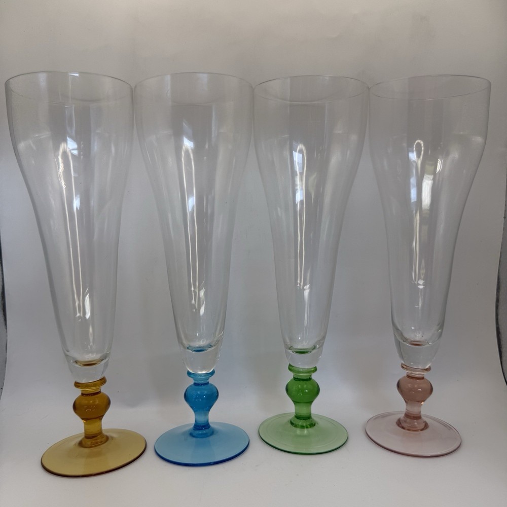 4 Mimosa Crystal Glasses Clear Pink Green Blue Amber Bases Vtg Tall Pilsner Bar