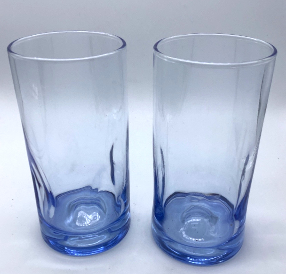 Libbey Crisa Pinched Thumbprint Impressions Blue 6” Glasses, Tumblers, Set 2