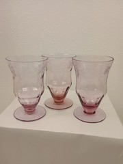 Vintage Etched Pink Depression Glass Small Blown Glass Footed, Set Of 3,