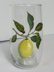 Vintage Fruit Glass Pitcher Set 4 Juice Glasses Lemon Cherry Grape Peach Gold
