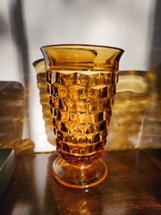 Set of 6 Vintage Indiana Whitehall Amber Glasses, Cubits Design, 6″ Tall, VGC