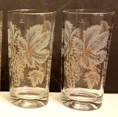 Gold & White Grape Leaves Pattern 10 oz Water Glass LOT 5.5 in Highball Tumbler