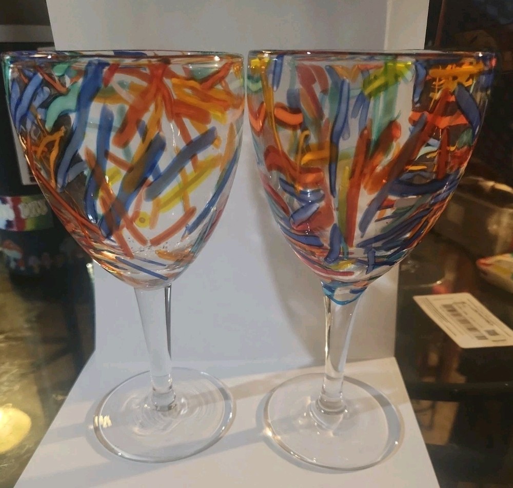 2 Pier 1 Imports Multicolor Confetti Hand Blown Art Glass Wine Goblets 8″ 90s