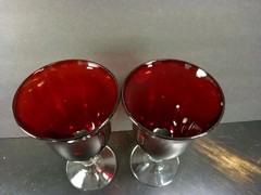 2 Ruby Red Wine Glasses Water Goblet w Clear Stem Medieval Renaissance Bohemian