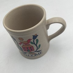 Mug Beige Speckled Folk Art Bird House Floral Coffee Cup Handle