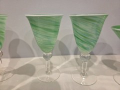 4 Green Swirls Twist Water Wine Goblet & 2 Martini Hand Blown Glass Clear Stem