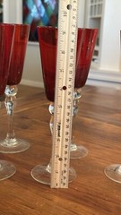Ruby Red 9” Champagne Wine Flutes Glasses With Clear Stem And Foot. Set Of 7