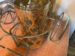 4 Vtg Valencia Green 22K Gold-Plate Culver Collins bar Glasses Caddy coaster
