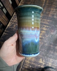 Stoneware Pottery Studio Art Tumbler Mug Set Or Bud Vase X2 Blue Drip Glaze