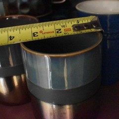 Set of 3 Pottery Mugs Ombre Glaze Blue Grey to Copper Stoneware Likely Roscher