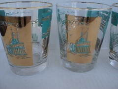 4~ Vintage MCM Libbey Southern Comfort River Boat Gold Rim Lowball Rock Glasses