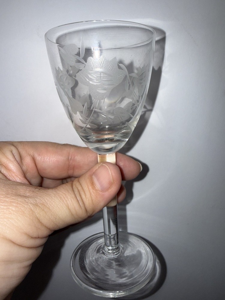 Vintage Set of 3 Etched Cordial Glasses Leaf & Dot Pattern MCM 5.2 in Tall