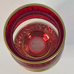 Vintage Bohemian Ruby Red Flashed with Gold tone filigree paint moriage Glass