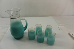 Vintage Beverage Set Mid Century Retro Pitcher with 5 Tumblers Blue Frost Spray