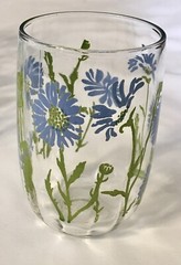4 Vintage Blue Daisy Roly Poly Bottom Juice Glasses Flower Cornflower 8 Oz