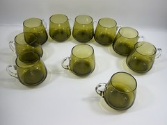Set 10 Kumela Riihimaki Finland Olive Green Art Glass Mugs Sirkku Kumela MCM