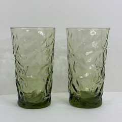 Set of 2 Vintage Libbey Aztec Olive Green Crinkle Textured Glass Tumblers