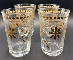 4 MCM Pasabahce Turkey Handpainted Gold Flowers 8 Oz Juice Glasses, 4 3/8,” EUC