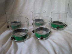 5 Vintage Drinking Glasses Christmas Green Straps With Jingle Bells
