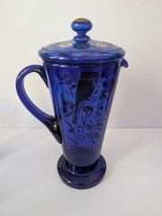 Antique Bohemian Czech Cobalt Blue Glass Pitcher Tumbler Set Parrot Bird Flowers