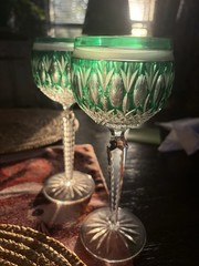 Green Cut Glass Lead Crystal Goblets Set Of Two Hand Made In Hungary With Labels