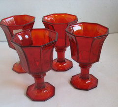 S/4 Independence Glass Octagonal Ruby Amberina Wine Glasses Goblets 4 1/2″ JAPAN