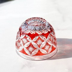 Red Edo Kiriko Glass Cup Small Shot Glasses For Sake Handmade Cased Glass 1.5oz