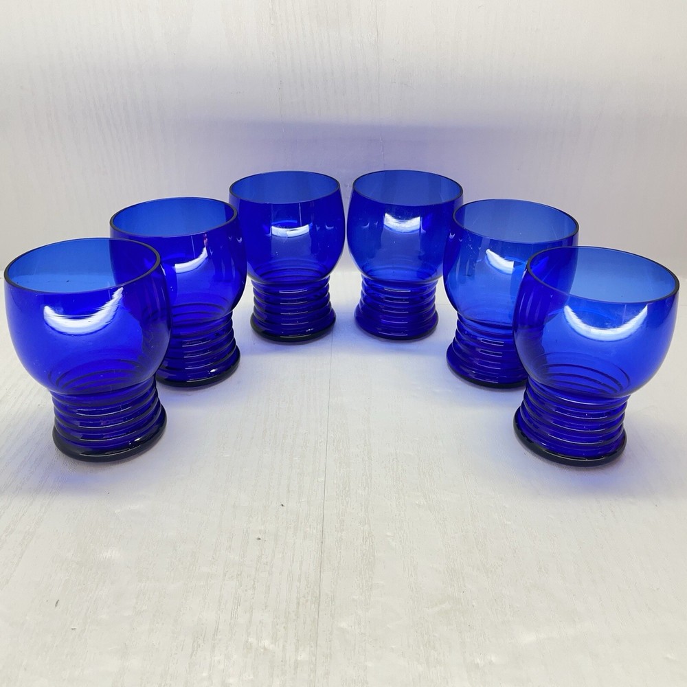 6 Vintage MCM Imperial Glass Shaeffer Cobalt Blue Tumbler Glasses 3.5”