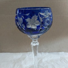 Pair NACHTMANN Traube Cut to Clear Crystal Cobalt Blue Hock Wine Glasses 8-1/4″