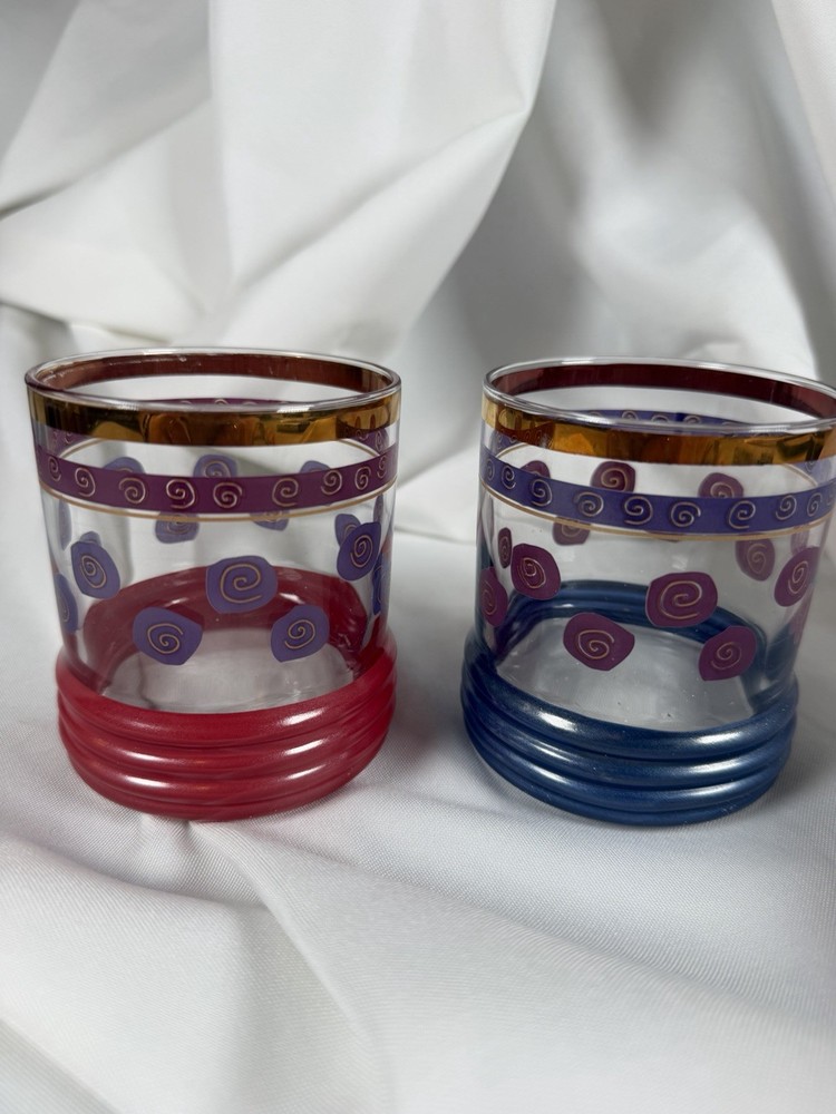 Vintage Sakura Sango Sue Zipkin Rocks Glasses Pair Gold Rim Red Blue MCM Retro