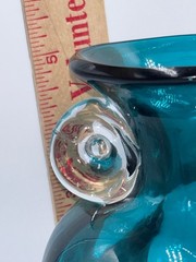 Teal Green Art Glass Vase Applied Clear Handles Hand Blown 5″ Tall