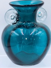 Teal Green Art Glass Vase Applied Clear Handles Hand Blown 5″ Tall