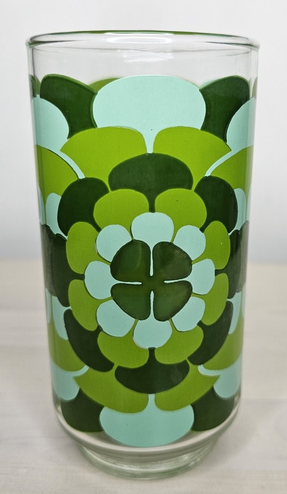 Vintage Floral Glass Tumbler Green MCM Mid Century Flower Hippie