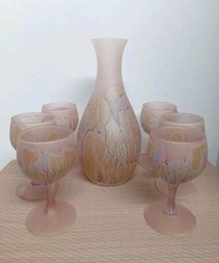 Rare Rueven Wine Carafe W/ 6 Small Goblets Pink Peach Frosted Satin Finish Vtg