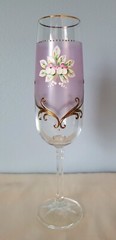 Bohemian Czech Glass 7oz Champagne Flute Raised Handpainted Pink Flowers 22kGold