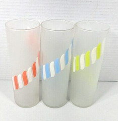 3-Vtg MCM Libby Frosted Candy Stripe Collins Glasses