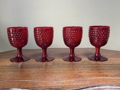 Vintage Ruby Red Hobnail Glass Goblets Set of 4 Pedestal Wine Water Glasses