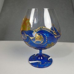 Hand Painted Nautical Sun Sea Waves Art Glass Goblet Blue Gold Stemmed Chalice