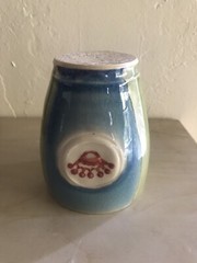Handmade Pottery Cup Tumbler Embossed Crown Crackle Glaze Signed Jennifer MINT
