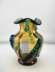 Antique Moser Portieux George Sand Blown Glass Vase Amber Teal Applied Serpent 5