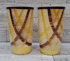Vernon Vernonware 2 Tumbler Glasses Organdie Plaid Yellow Brown Trim 1937-1958