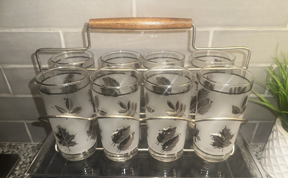 Vintage 8 LIBBEY Silver Leaf Frosted Highball Glasses ~Folding Caddy Rack ~EUC