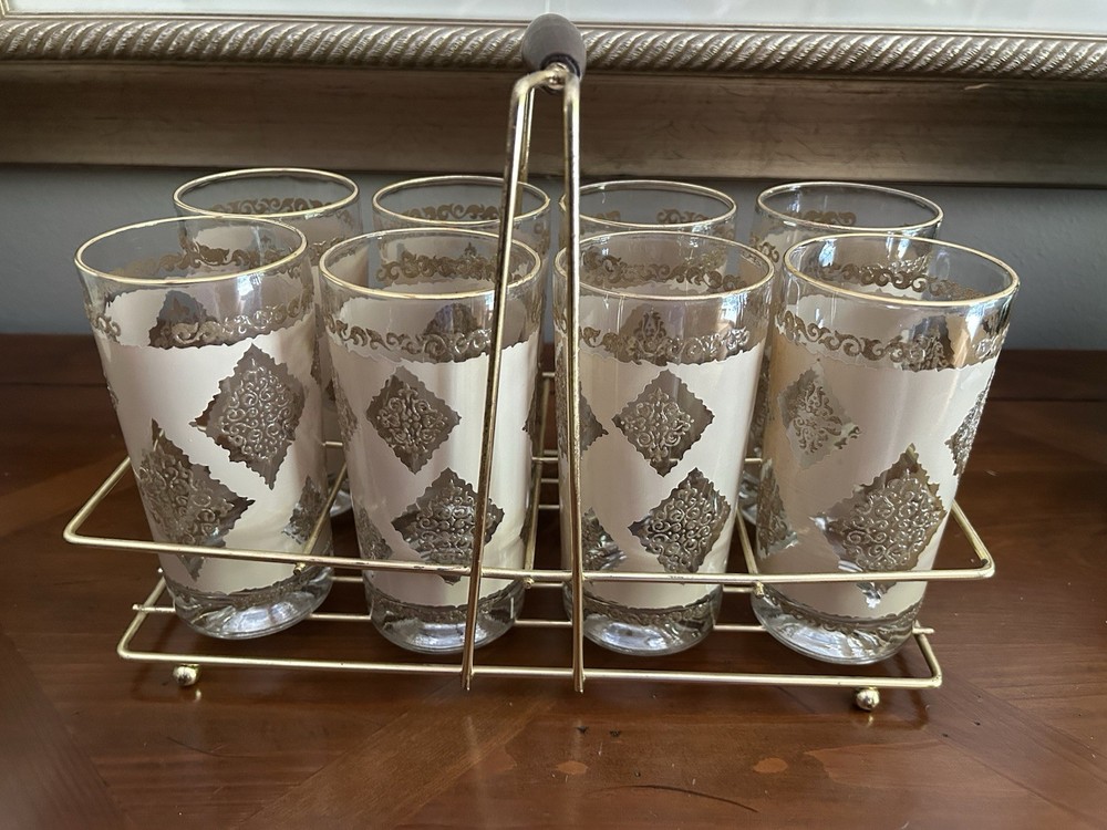 Vintage MCM Gold and Frosted Hazelware 8 Glasses + Caddy