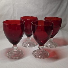 4 Unmarked Ruby Red Bubble Footed Water Goblet in the Style of Anchor Hocking